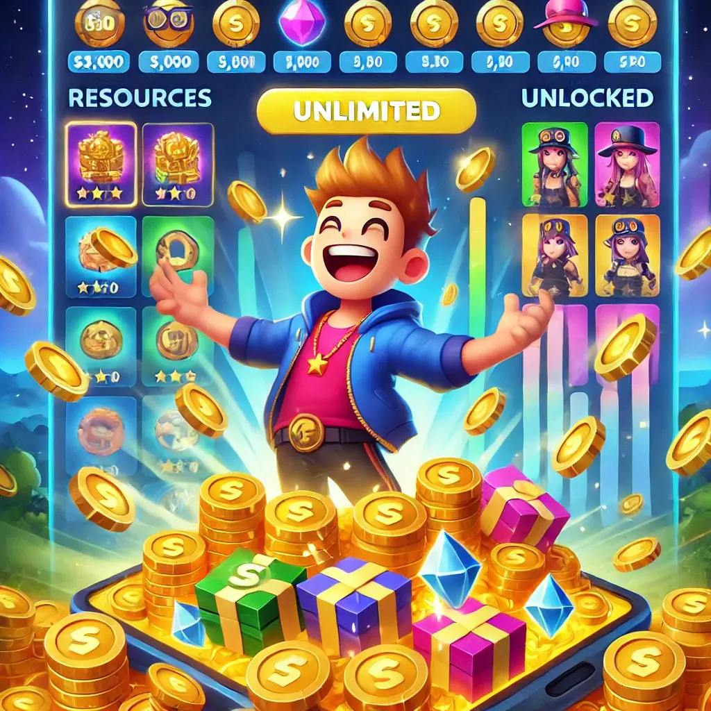 Geometry Dash APK 15 DALL·E 2025 01 15 23.29.33 A vibrant digital illustration of a gaming scene representing unlimited resources and customization. The scene features a happy video game character s 1