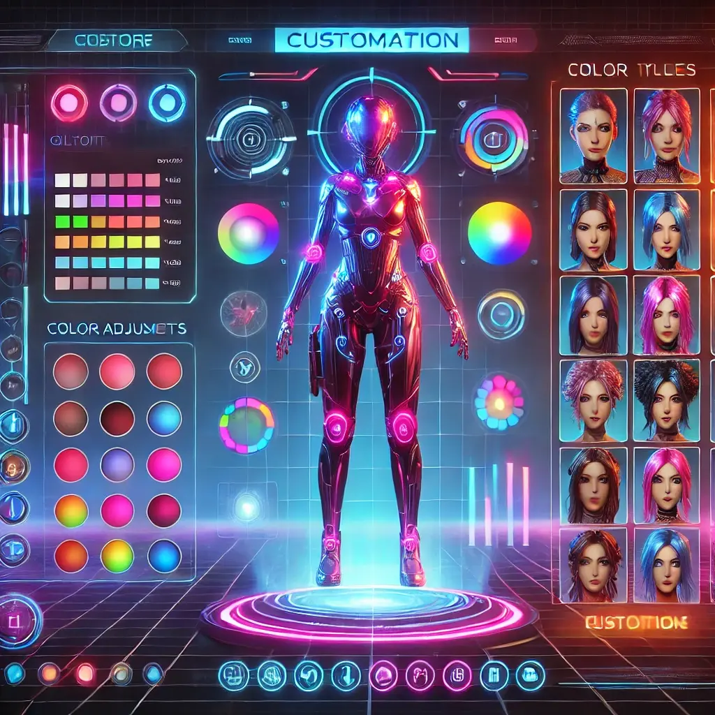 Geometry Dash APK 17 DALL·E 2025 01 15 23.41.30 A vibrant and futuristic digital scene depicting a game character customization screen but without showing a human figure. The interface includes col 1