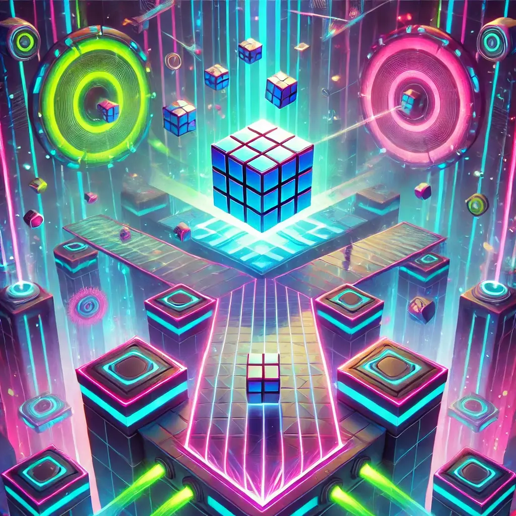 Geometry Dash APK 6 DALL·E 2025 01 15 23.54.13 An artistic representation of a neon themed game environment inspired by Geometry Dash. The scene features vibrant neon colors with pulsating lights i 1