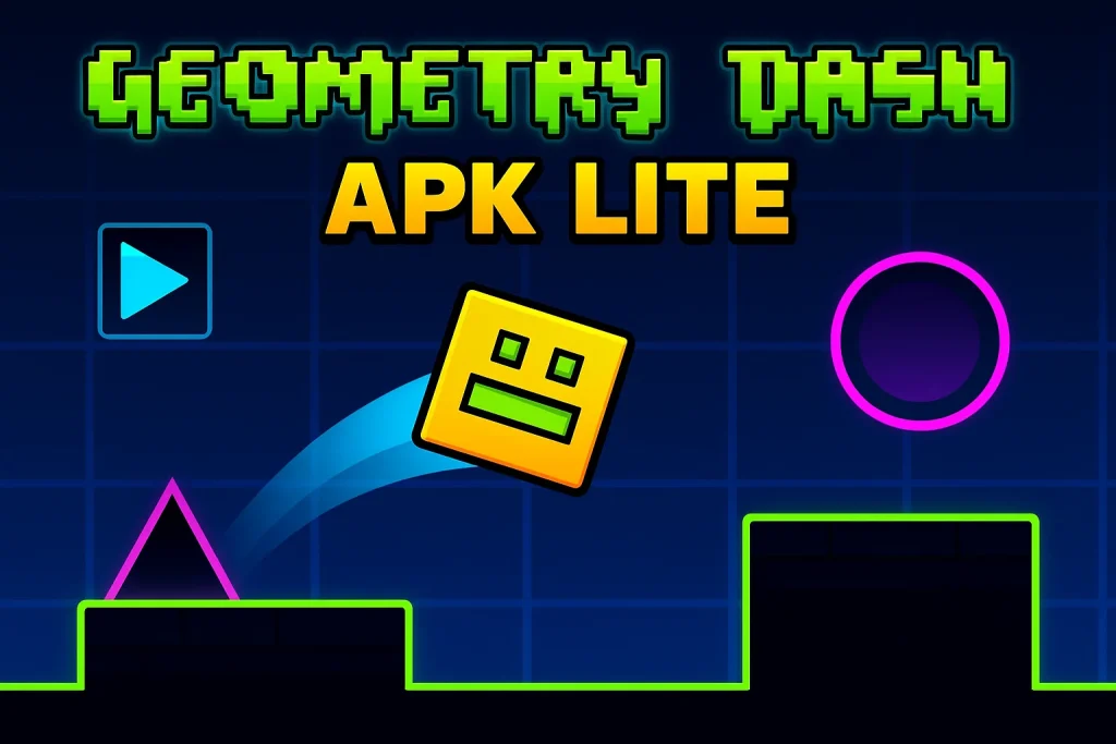 Imagen gráfica de Geometry Dash APK Lite que muestra a un personaje cuadrado amarillo saltando sobre obstáculos de neón con efectos luminosos.
