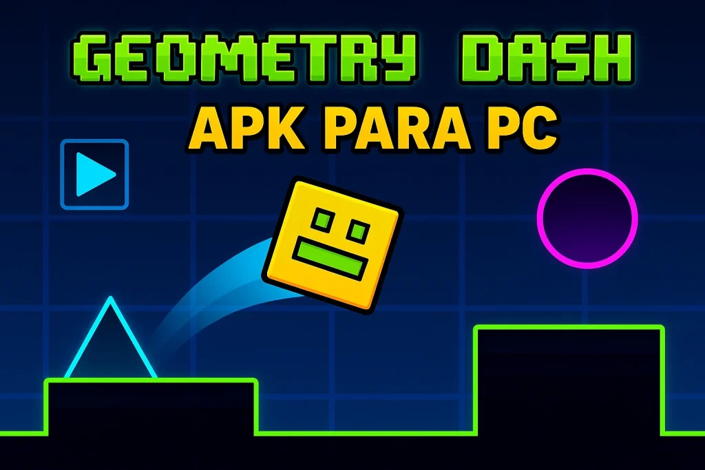 Geometry Dash APK para PC, gráfico con un personaje cuadrado amarillo que salta sobre obstáculos de neón sobre un fondo de cuadrícula azul.