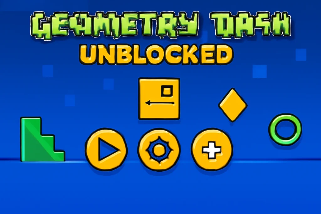 Pantalla principal del juego "Geometry Dash Unblocked", con el título en letras grandes y coloridas. Muestra botones de menú en forma de figuras geométricas y un personaje cuadrado amarillo en un fondo azul.
